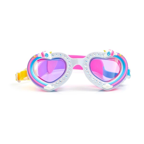 Kleurrijke zwembril in een hartjes frame. Afgewerkt met diamanten en een eenhoorn.