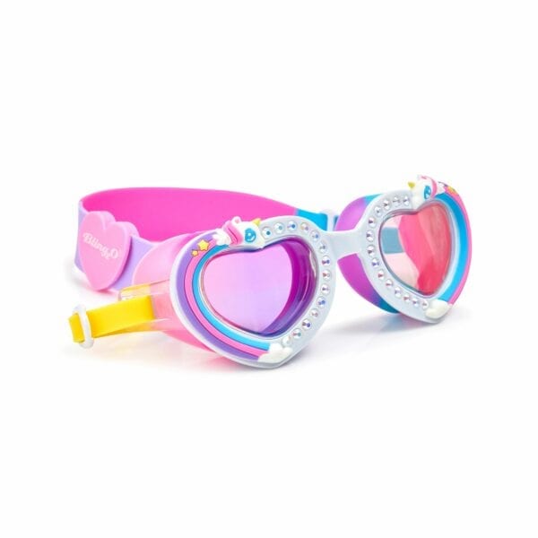 Kleurrijke zwembril in een hartjes frame. Afgewerkt met diamanten en een eenhoorn.