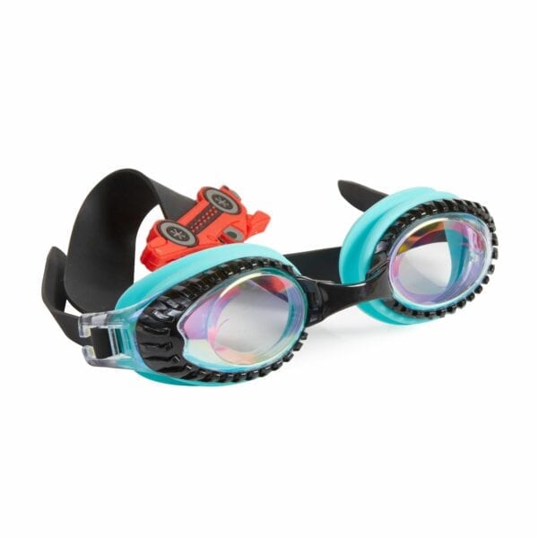 Deze bling2o zwembril heeft een siliconen riem met een racewagen.  Een frame met banden en een lens met een vlammen print.